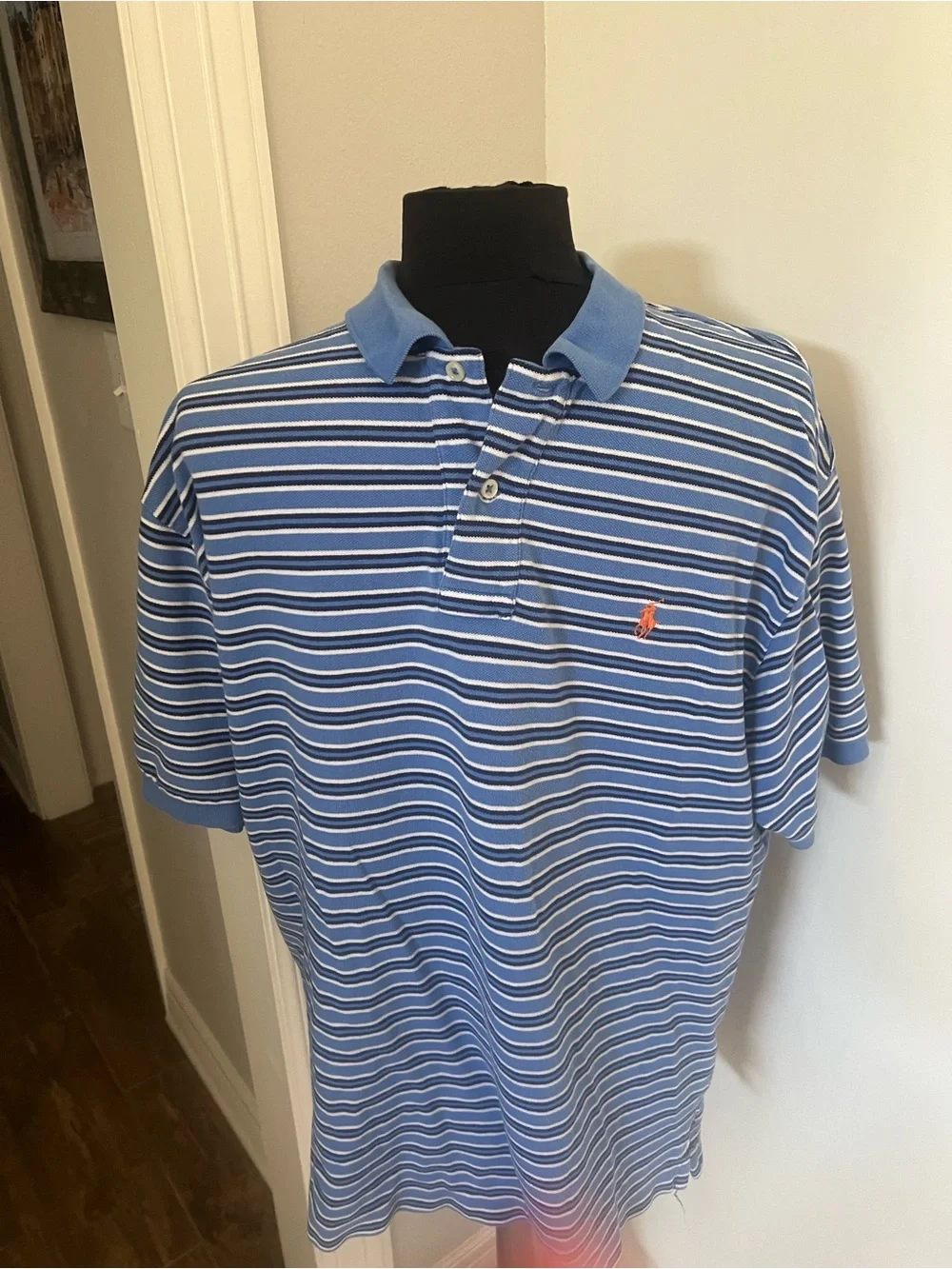 Ralph Lauren Light Blue Striped Polo with Orange Pony